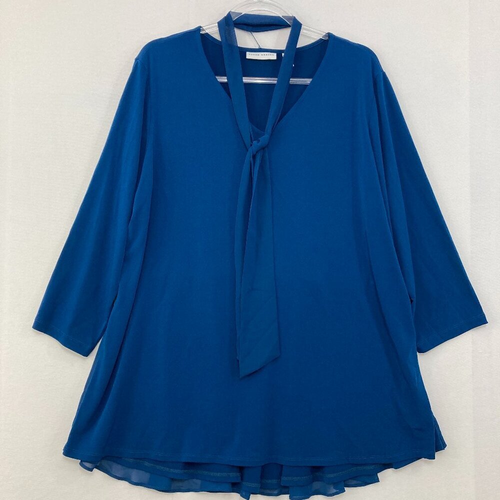 Susan Graver size XL Blue Teal Tie Front Elegant Stretch Liquid Knit Blouse